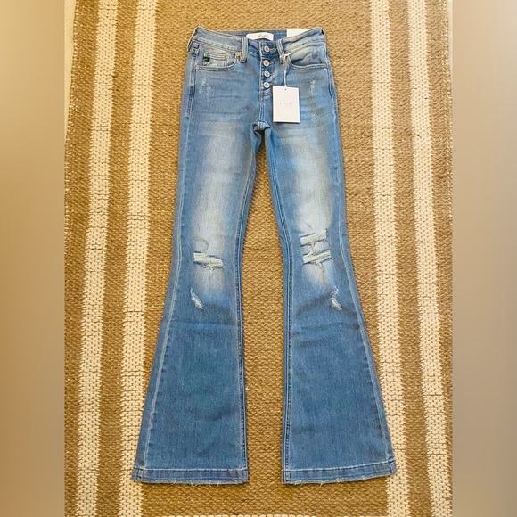 New KanCan Distressed Button Fly Flare Leg Jeans Bell Bottoms - Picture 14 of 16